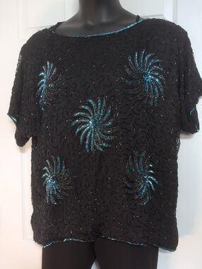 Vintage Black Short-Sleeve Silk Beaded Blouse with Teal Spiral Accents